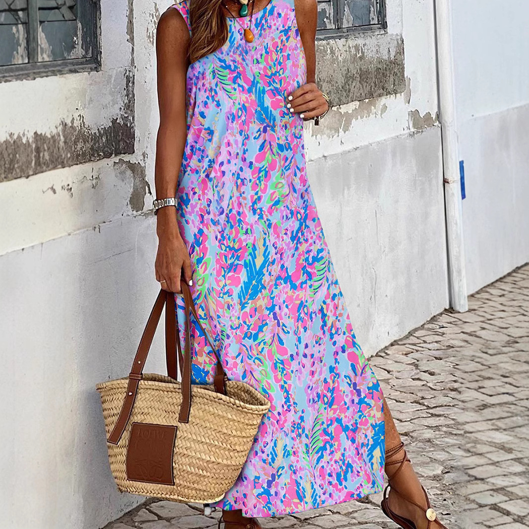 Floral Print Split Hem Midi Dress Round Neck Pullover Slim Fit