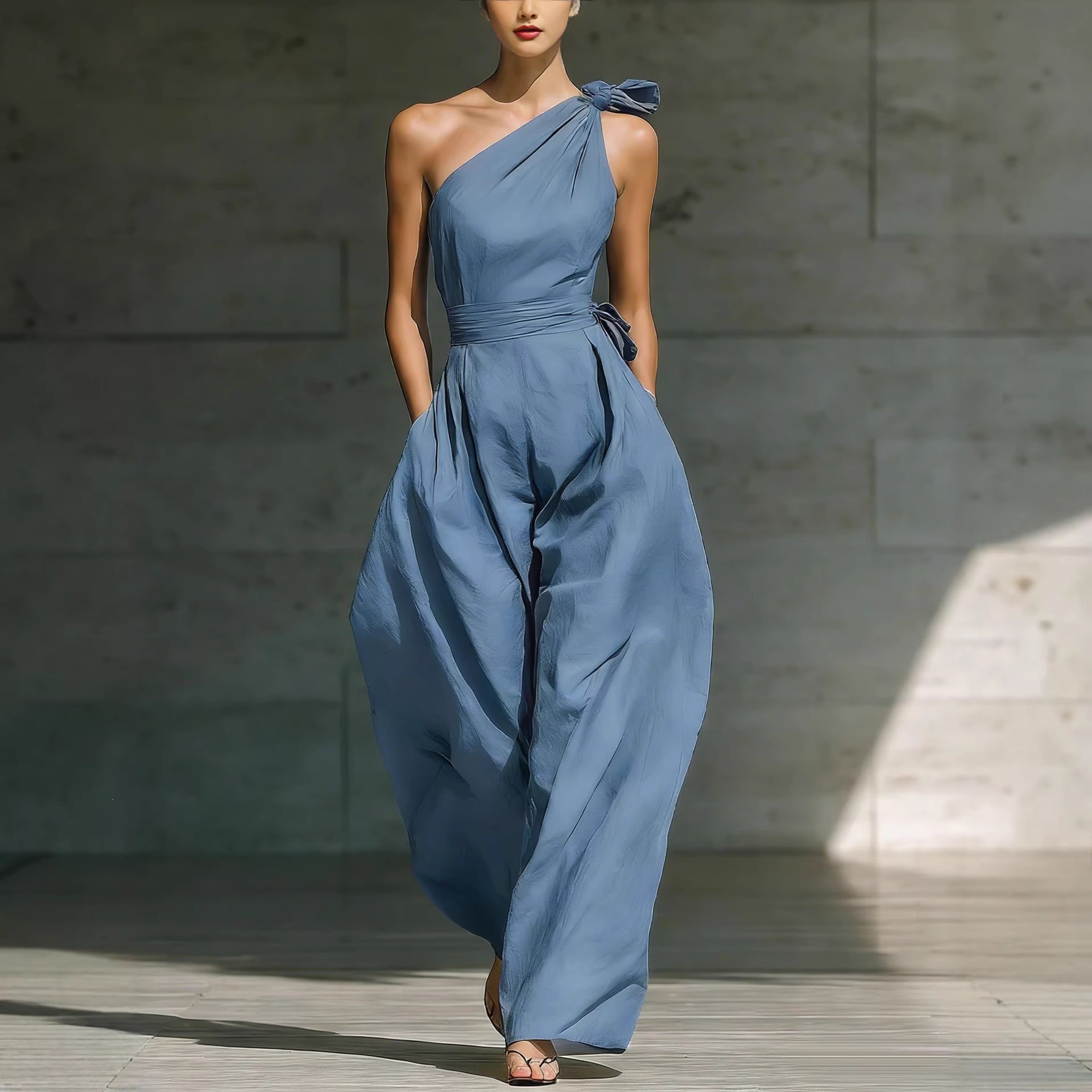 Women's Summer Sleeveless One-Shoulder Wide-Leg Jumpsuit