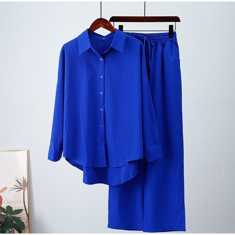 Women's Relaxed Stretch Crinkle Long Sleeve Shirt & Wide Leg Pants 2-Piece Set