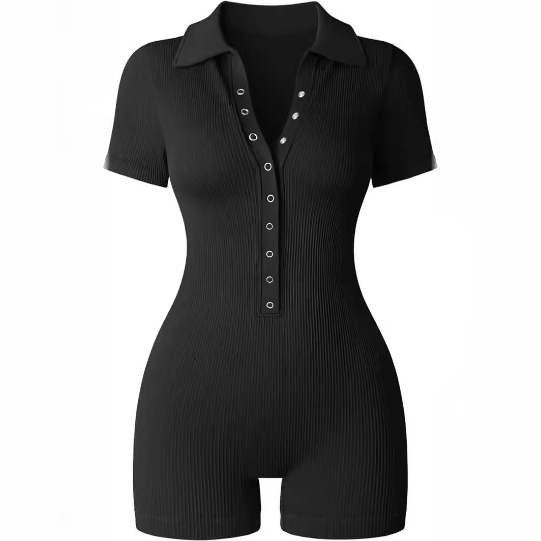 Ribbed V-Neck Women's Yoga Bodysuit with Waist-Cinching Stretch