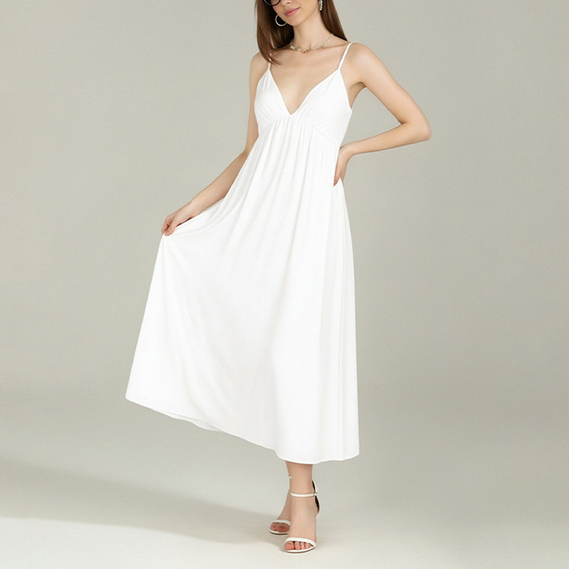 Women's Sleeveless V-Neck Open-Back Solid Color A-Line Midi Dress