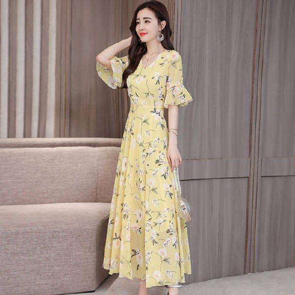 Floral A-Line V-Neck Midi Dress with Nine-Tenth Sleeves