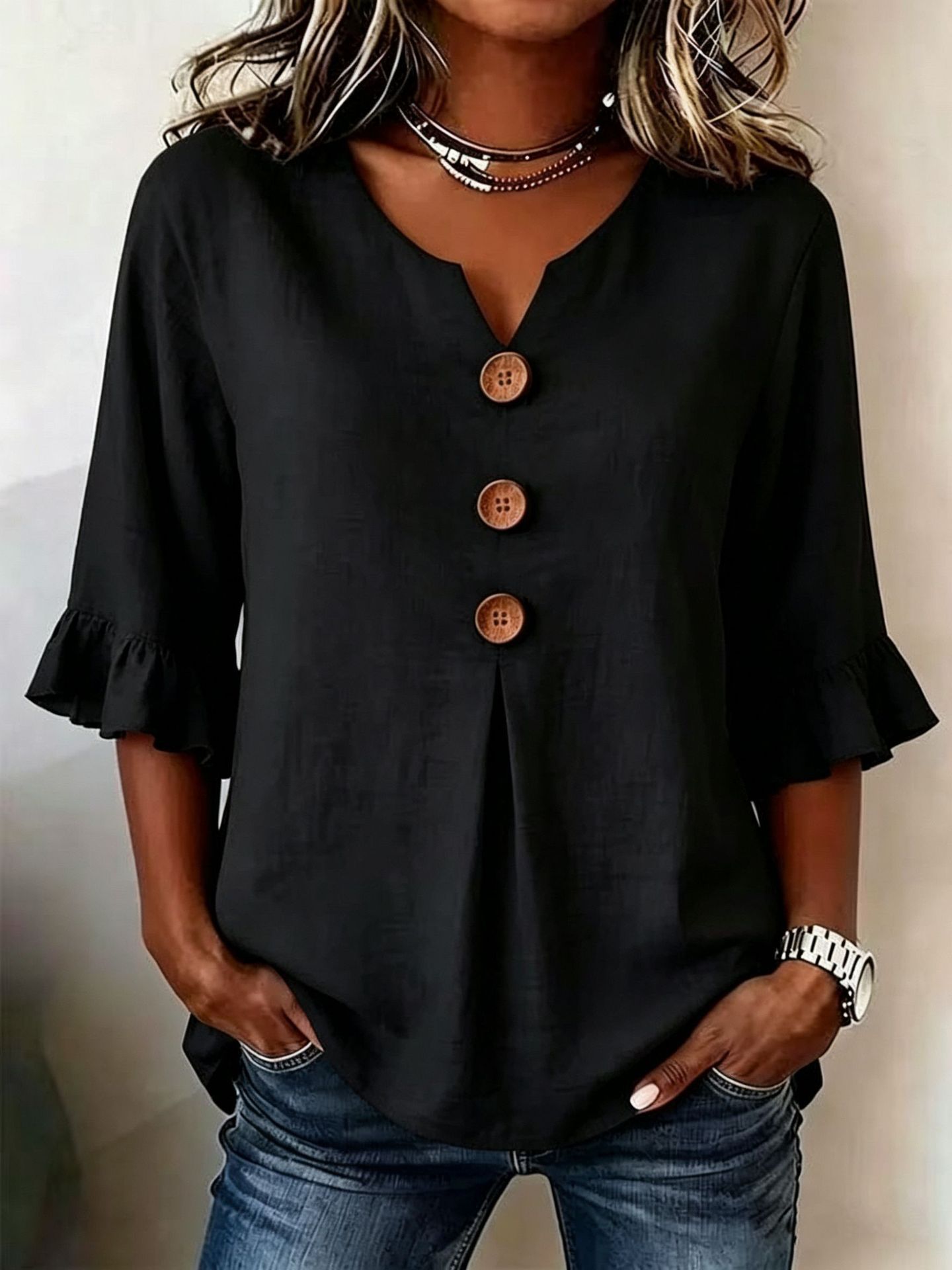 Cotton Linen V-Neck Big Button Ruffle Sleeve Dress
