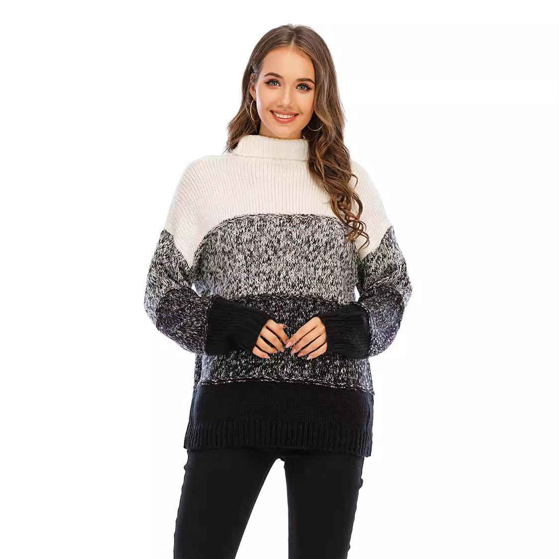Plus Size Women's Patchwork Knit Sweater with High Neck, Loose Fit
