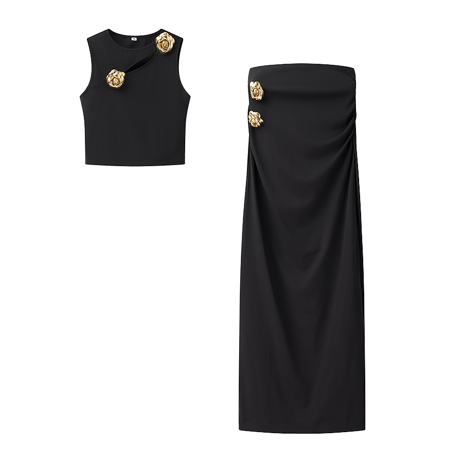 Metal Buckle Knit Top and High-Waist Long Skirt Set