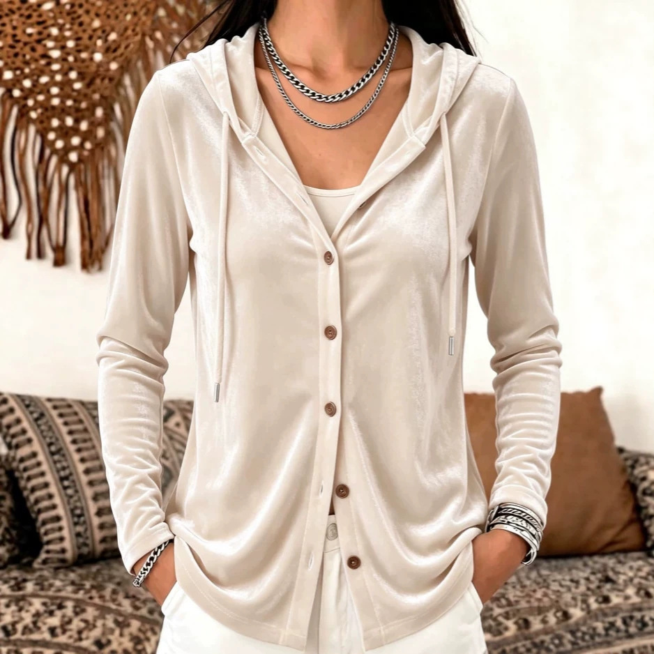 Button-Up Hooded Cardigan Jacket Gold Velvet Solid Color Casual Women's