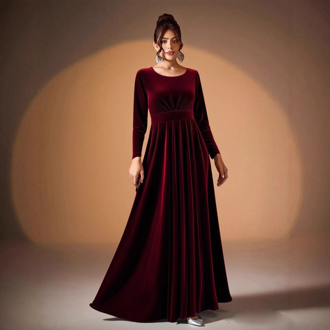 Women's Plus Size Velvet Long Sleeve Ruched A-Line Midi Evening Dress