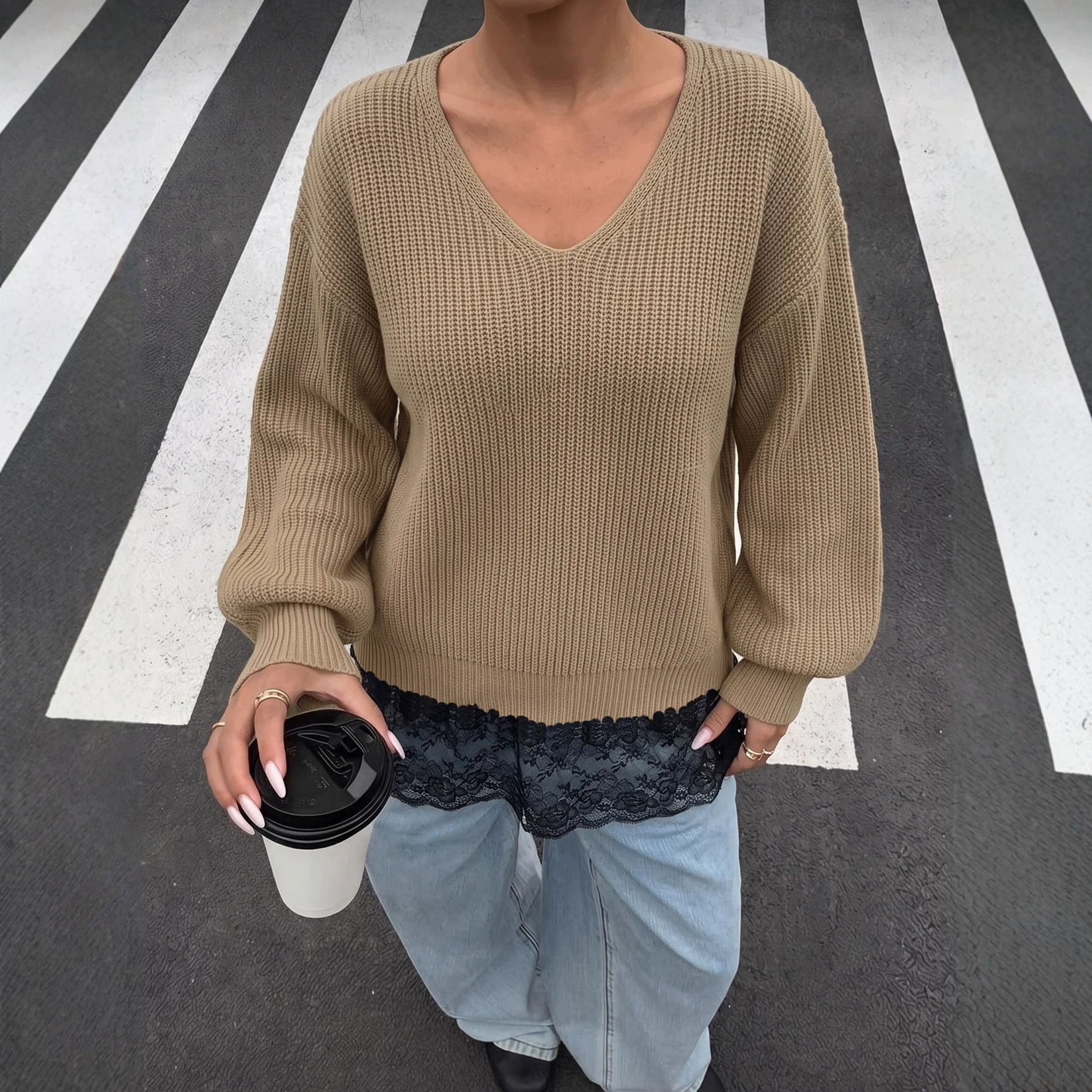 Women's Lace-Trim Faux-Layer Knit Sweater