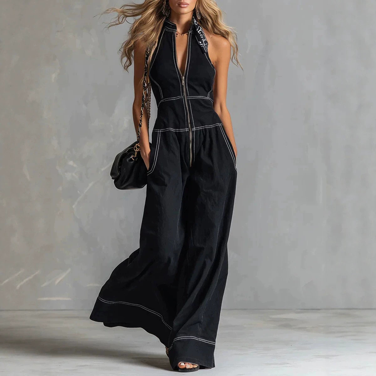 Women's Sleeveless Stand Collar Wide-Leg Jumpsuit
