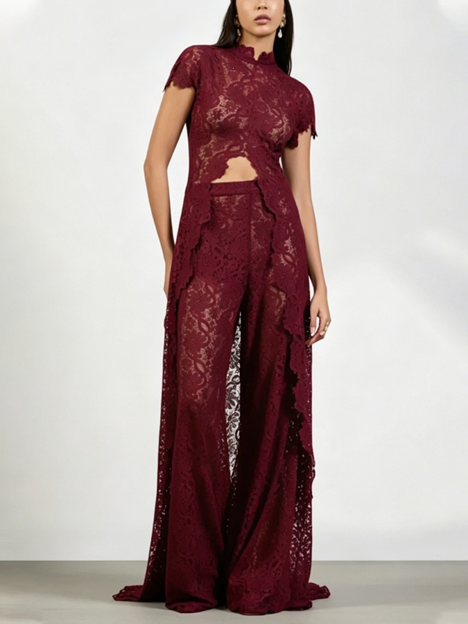 Lace Solid Color Dress Set with Cutout Round Neck and Front Slit