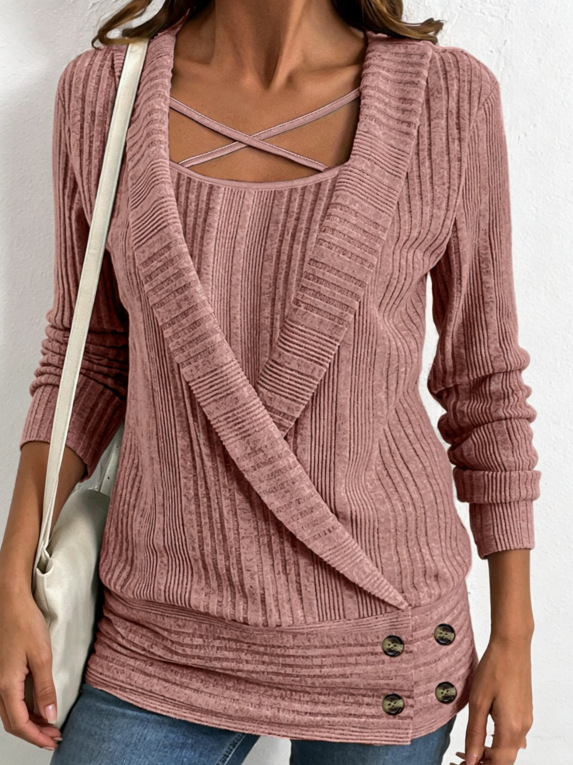 Women's Plus Size Cross Strap Faux Two-Piece Ribbed Knit Long Sleeve Top