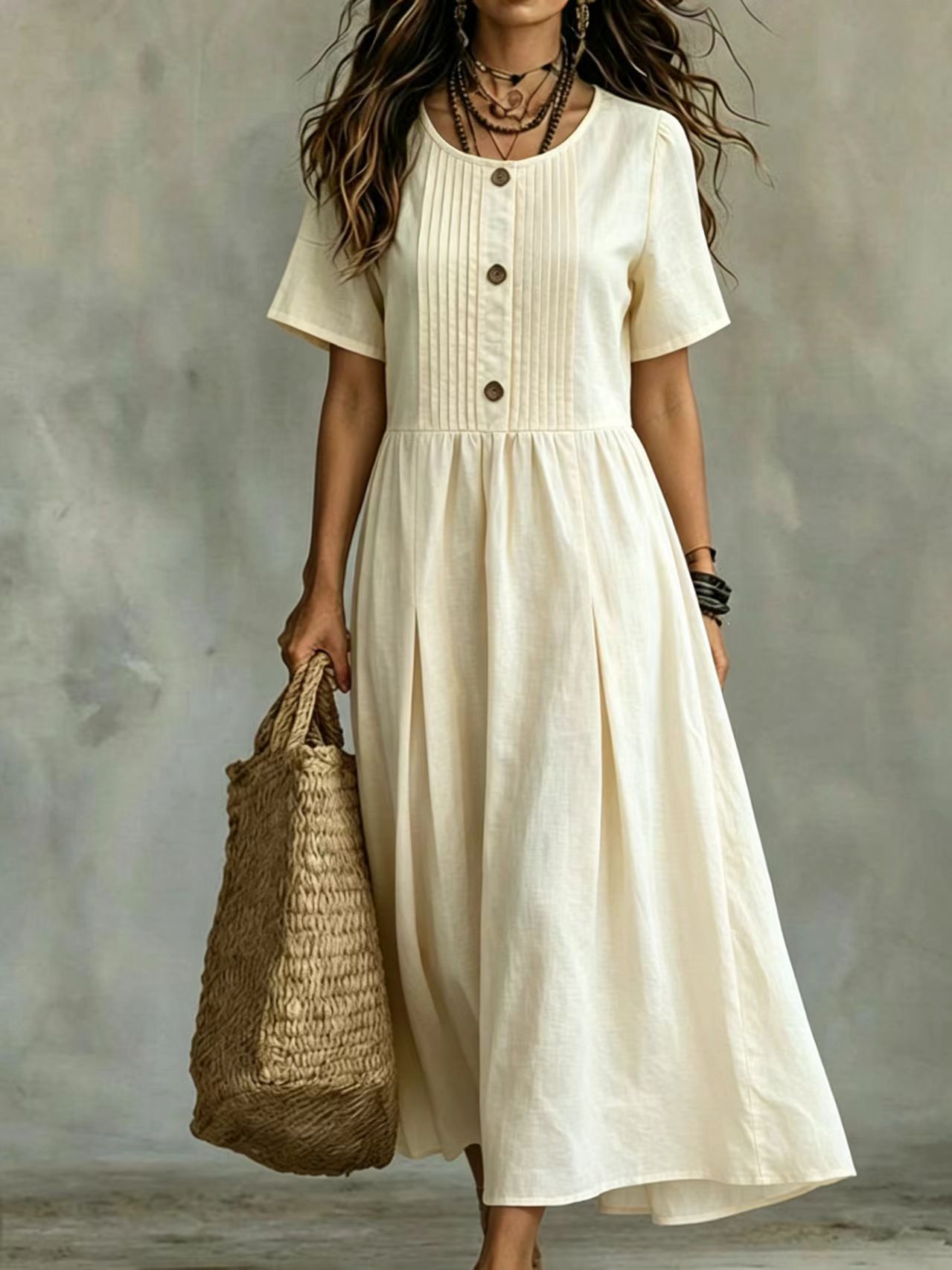 Women's Cotton-Linen Short Sleeve Midi A-Line Dress Loose Fit