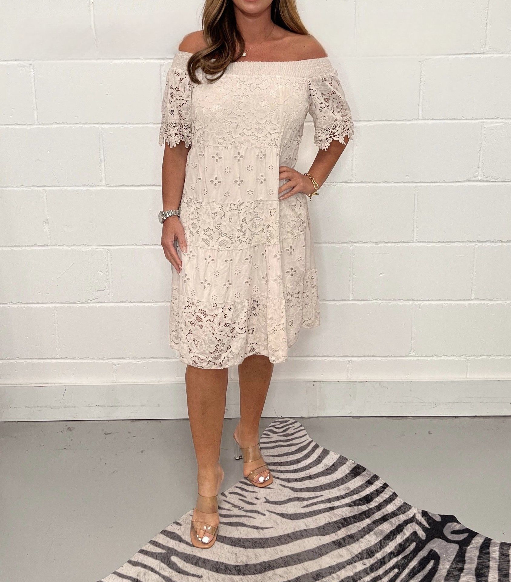 Lace Cutout Off-Shoulder Short-Sleeve Solid Dress
