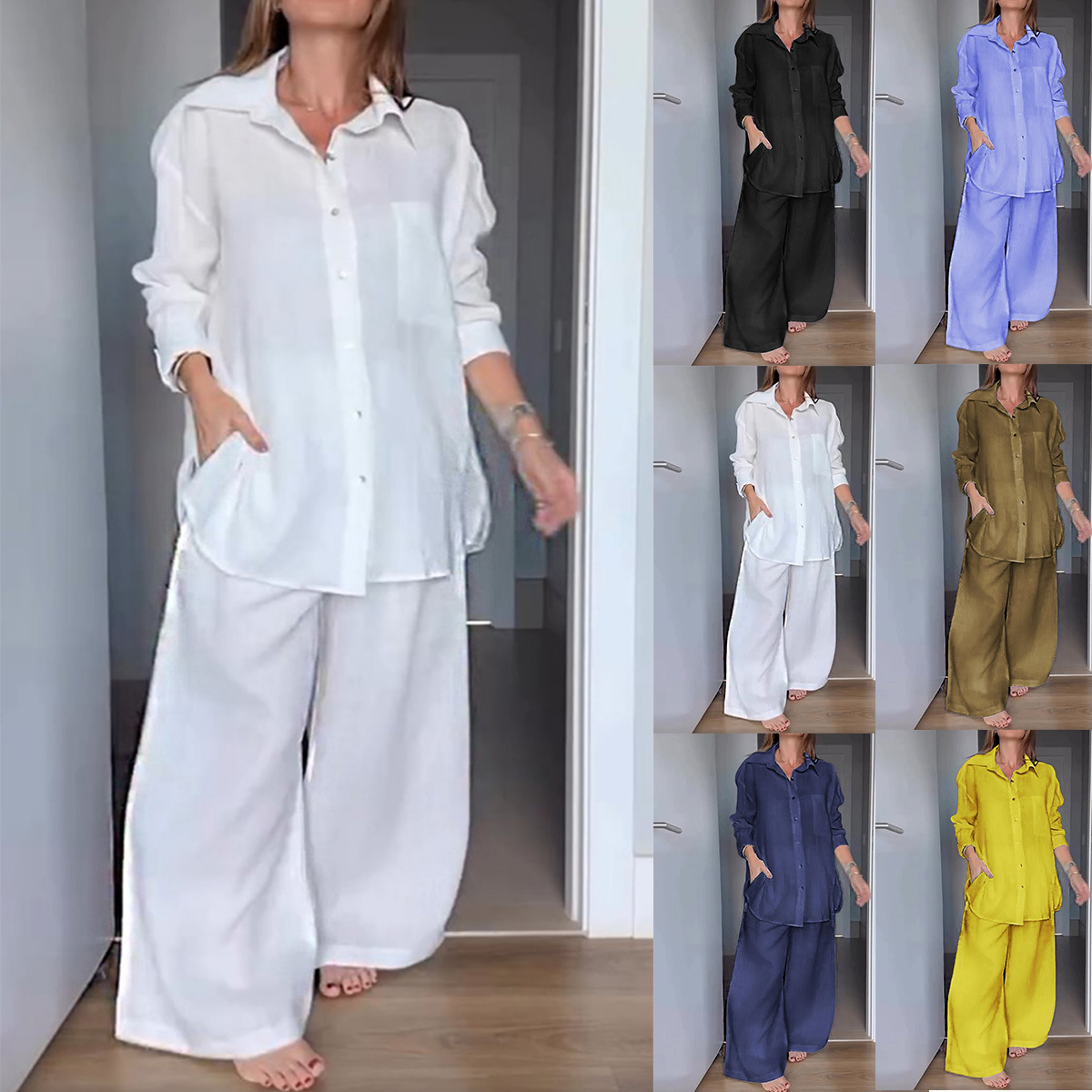 Women's Casual Linen-Blend Shirt and Pants Set with Colorblock Detail