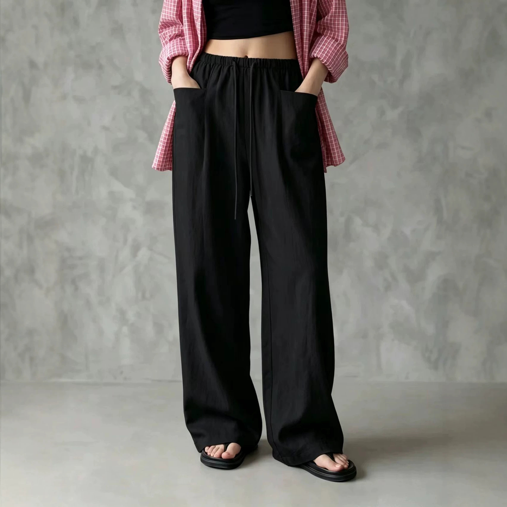 Women's Solid Color Wide-Leg High-Waist Drawstring Casual Pants
