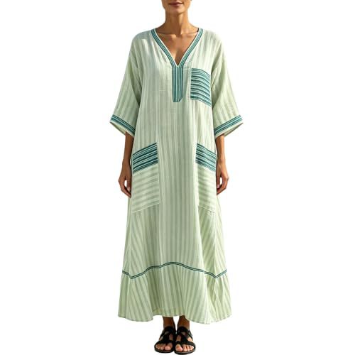 Women's Plaid & Solid Print Midi Dress with Deep V-Neck and Five-Quarter Sleeves