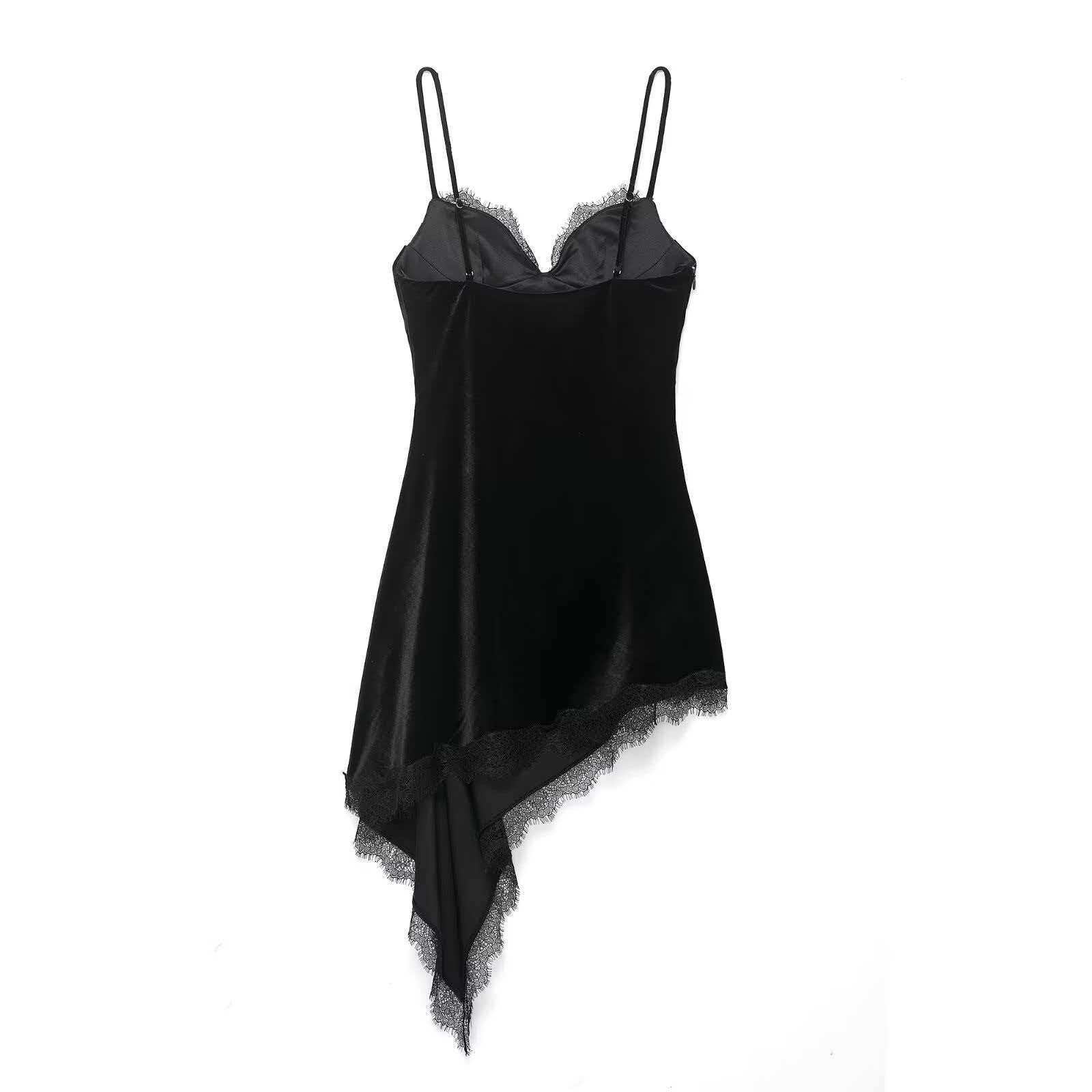 Women's Asymmetric Lace Velvet Dress Sleeveless V-Neck
