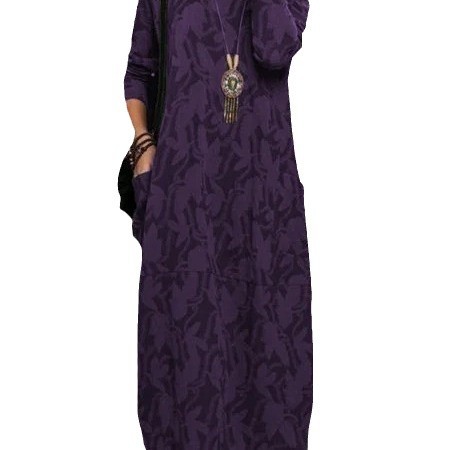 Women's Printed Round Neck Long Sleeve Pocket Dress
