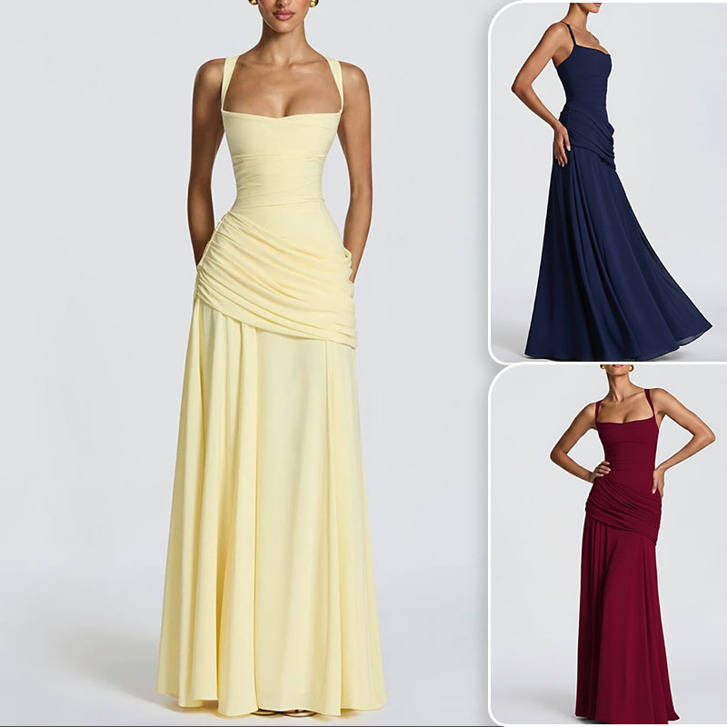 Elegant Solid Pleated Waist-Cinching Midi Dress
