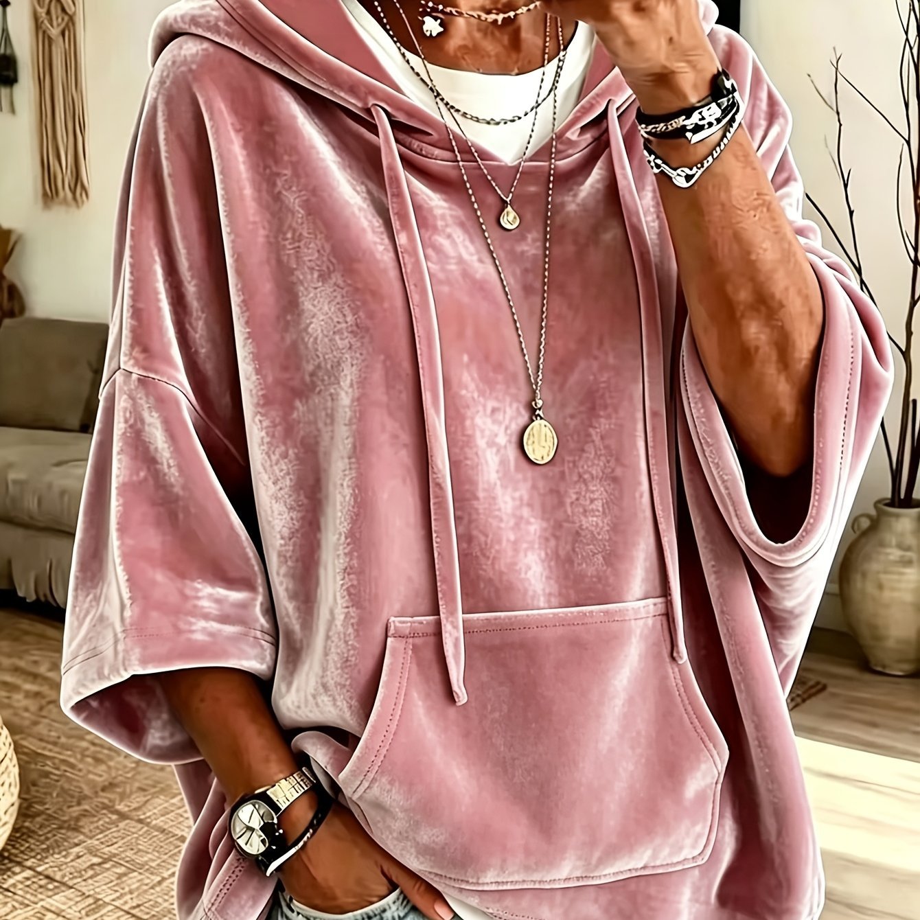 Velvet Hooded Sweatshirt Solid Color Plus Size with Pocket
