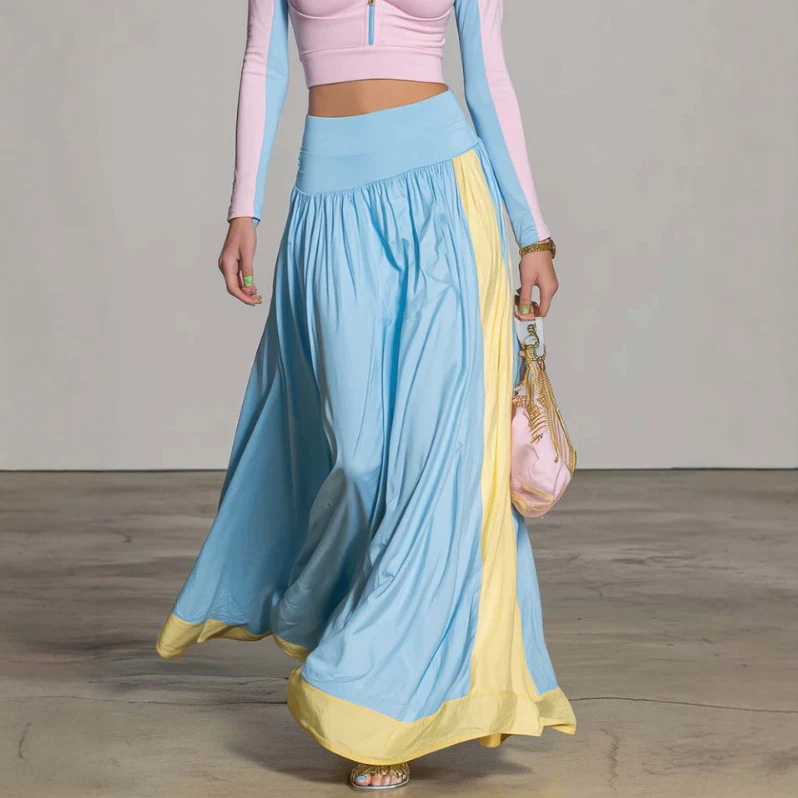 Women's Color-Block Long Sleeve Long Skirt Set Casual Two-Piece