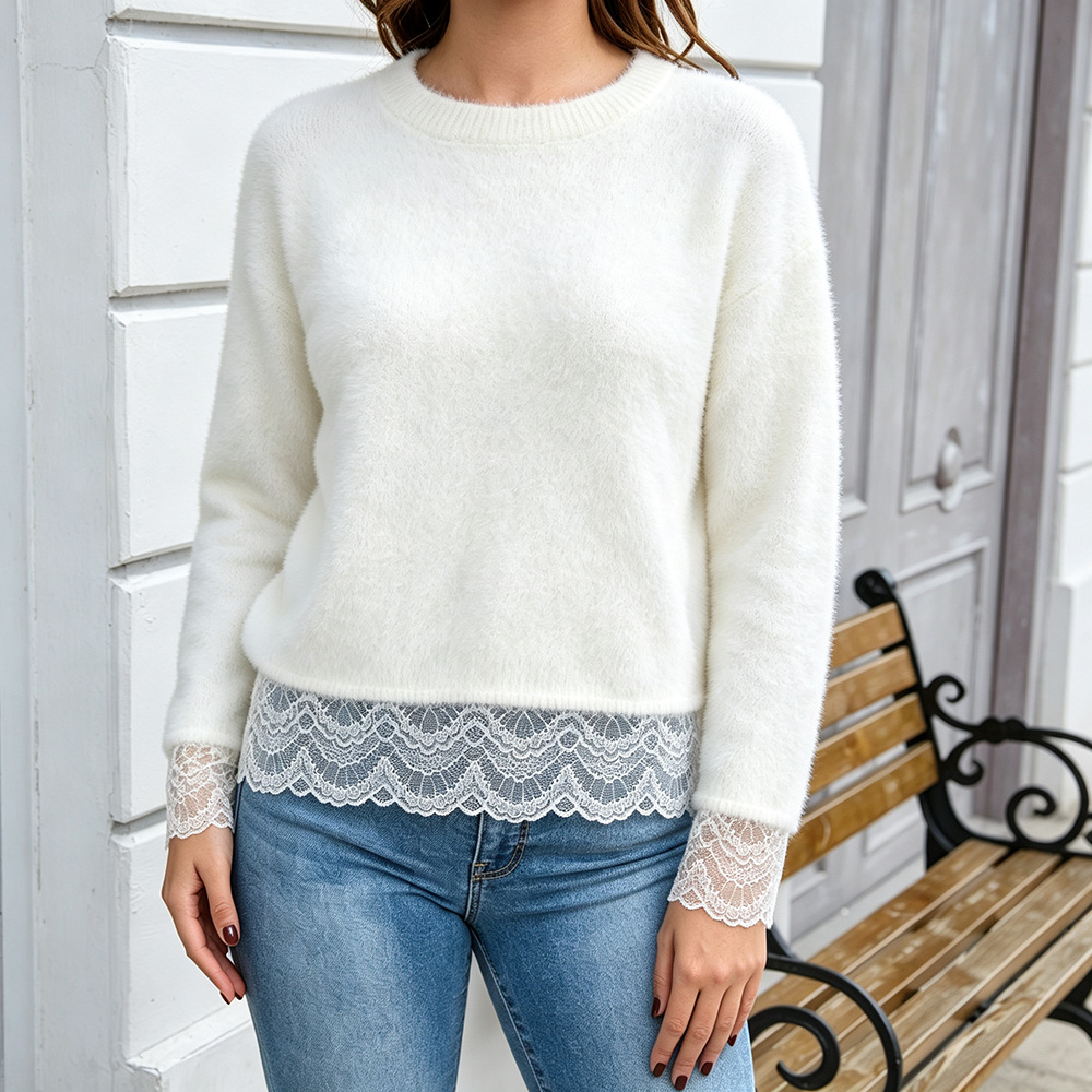 Lace Trim Hem Soft Knit Sweater Solid Color Pullover