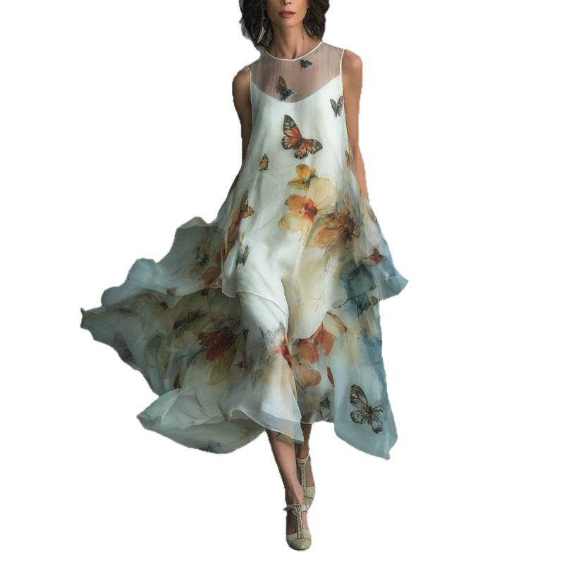 Butterfly Print Sleeveless A-Line Maxi Dress