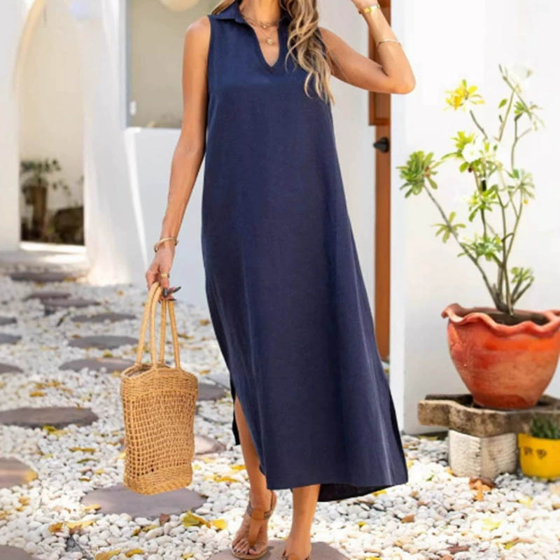 V-Neck Sleeveless A-Line Midi Dress