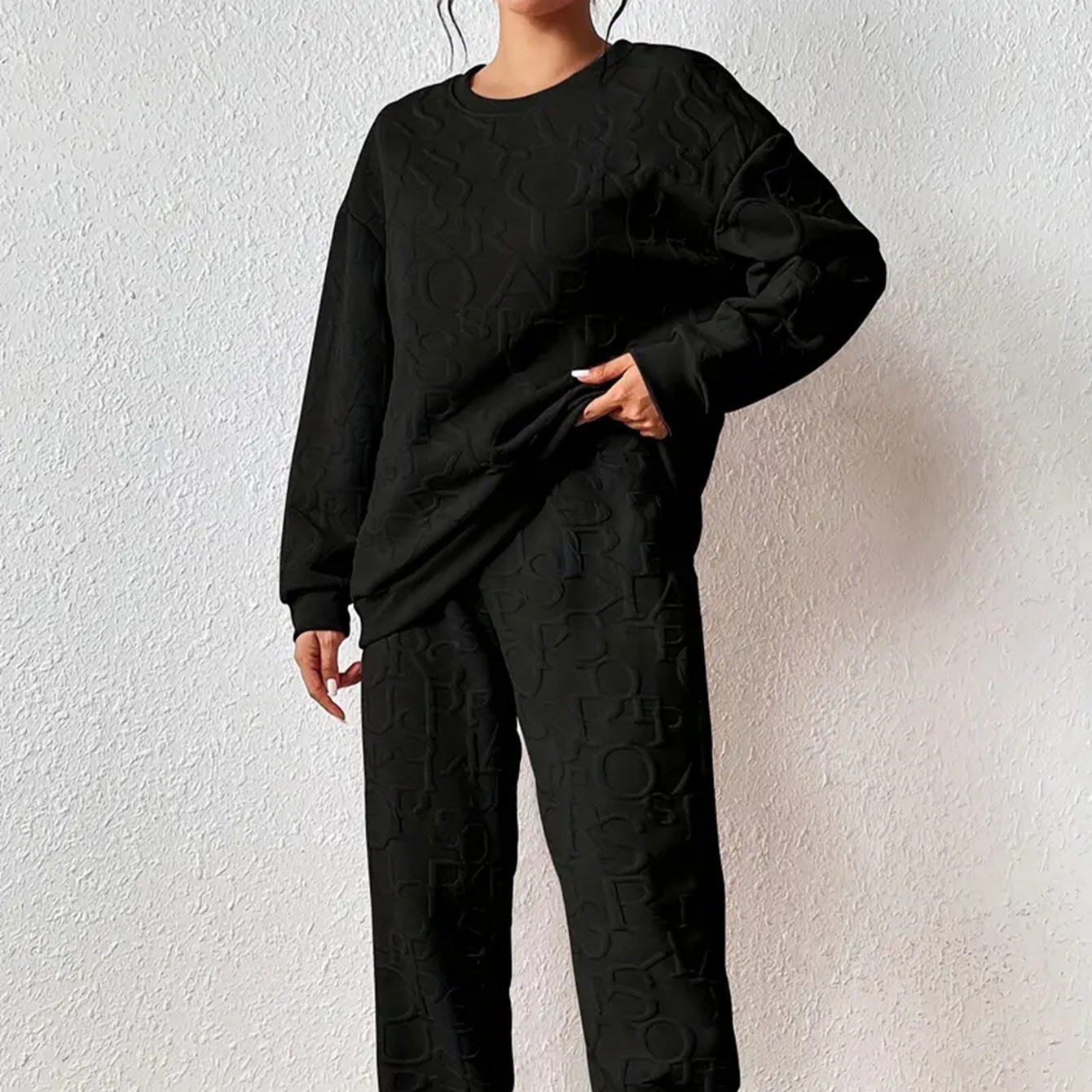 Women's Cable Knit Patchwork Long Sleeve Round Neck Top and Jogger Pants Two-Piece Set