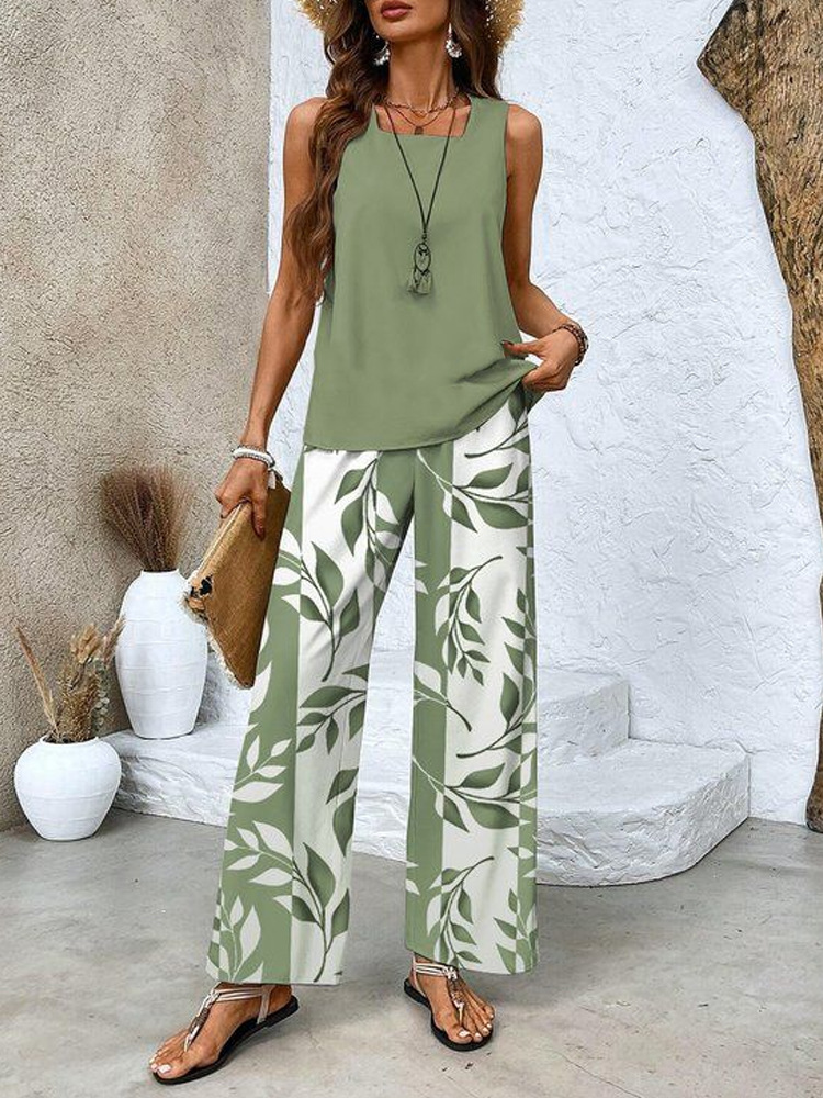 Women's Square Neck Sleeveless Top and Pants Set with Digital Floral Print