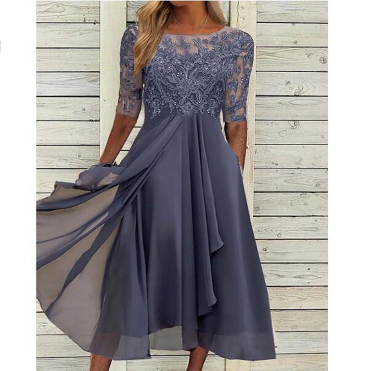 Chiffon Lace Hollow-Out Long Dress Round Neck Short Sleeve High Waist Bridesmaid Evening Gown