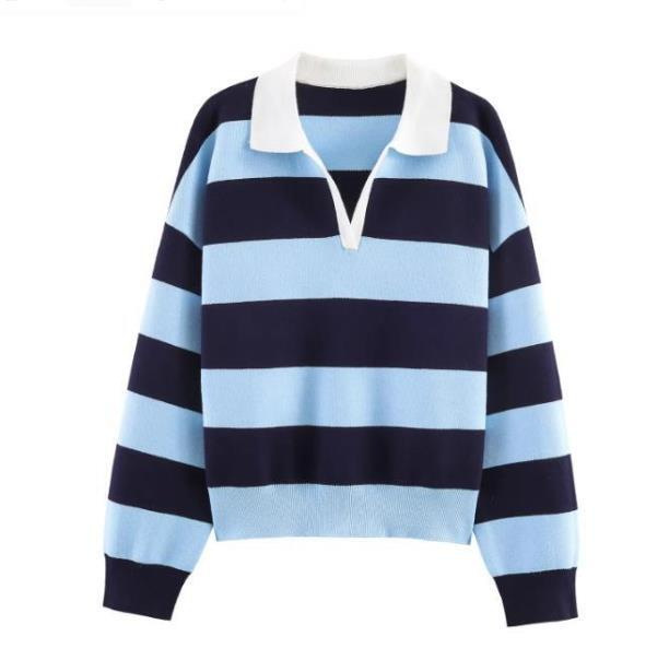 Women's Casual Loose Striped Polo Shirt Long Sleeve