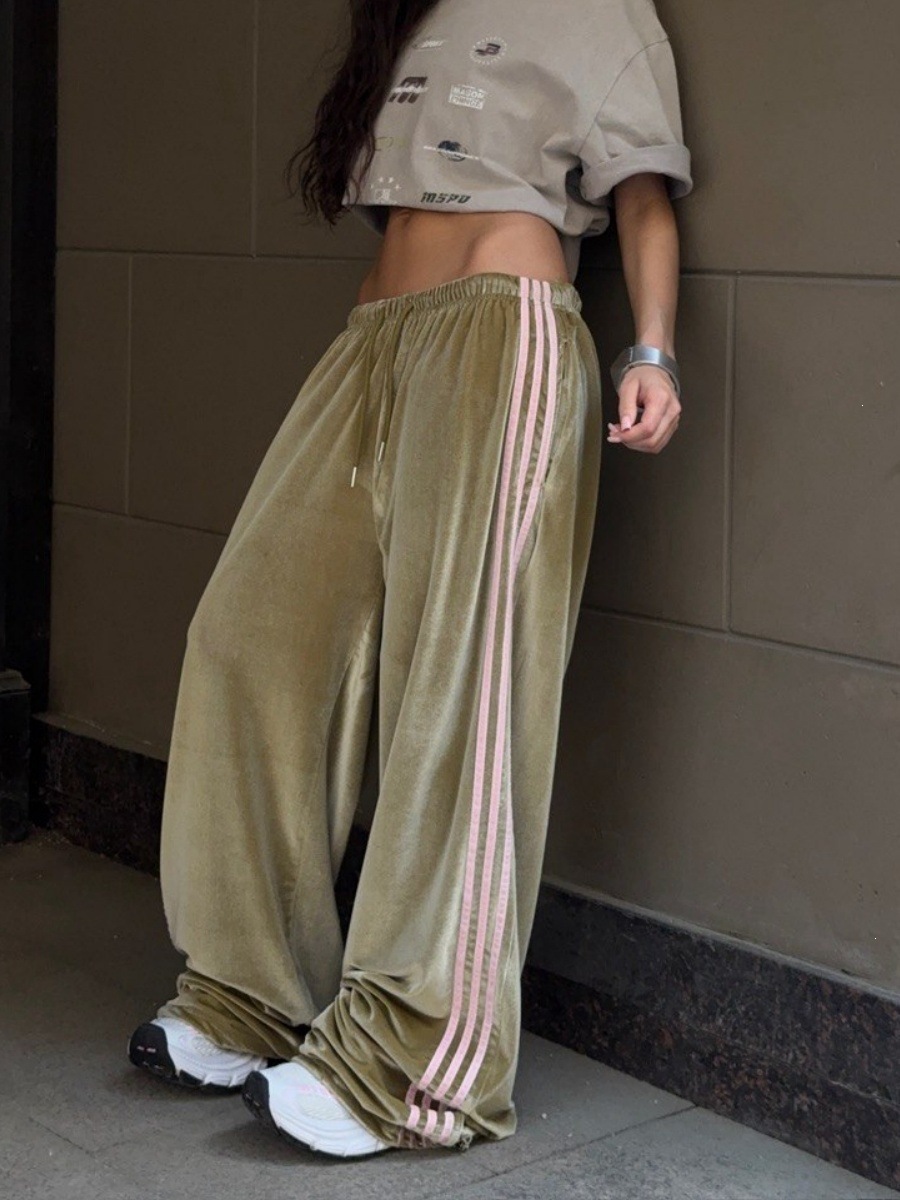 Velvet Side-Stripe Wide-Leg Drawstring Sweatpants