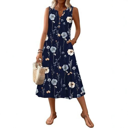 Women's Retro Striped Sleeveless Midi Dress Casual Fit