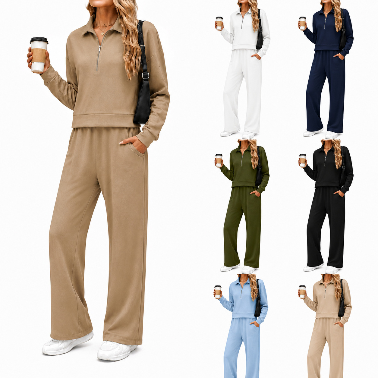 Women's Half-Zip Collared Sweatshirt & Wide-Leg Pants Set Casual Two-Piece