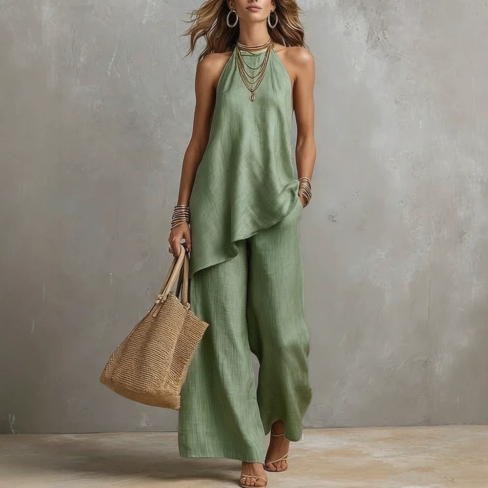 Women's Casual Crewneck Tank Top and Long Pants Solid Color Set