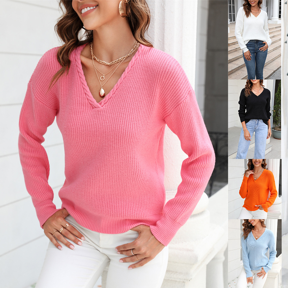 Women's V-Neck Cable-Knit Slim-Fit Pullover Sweater