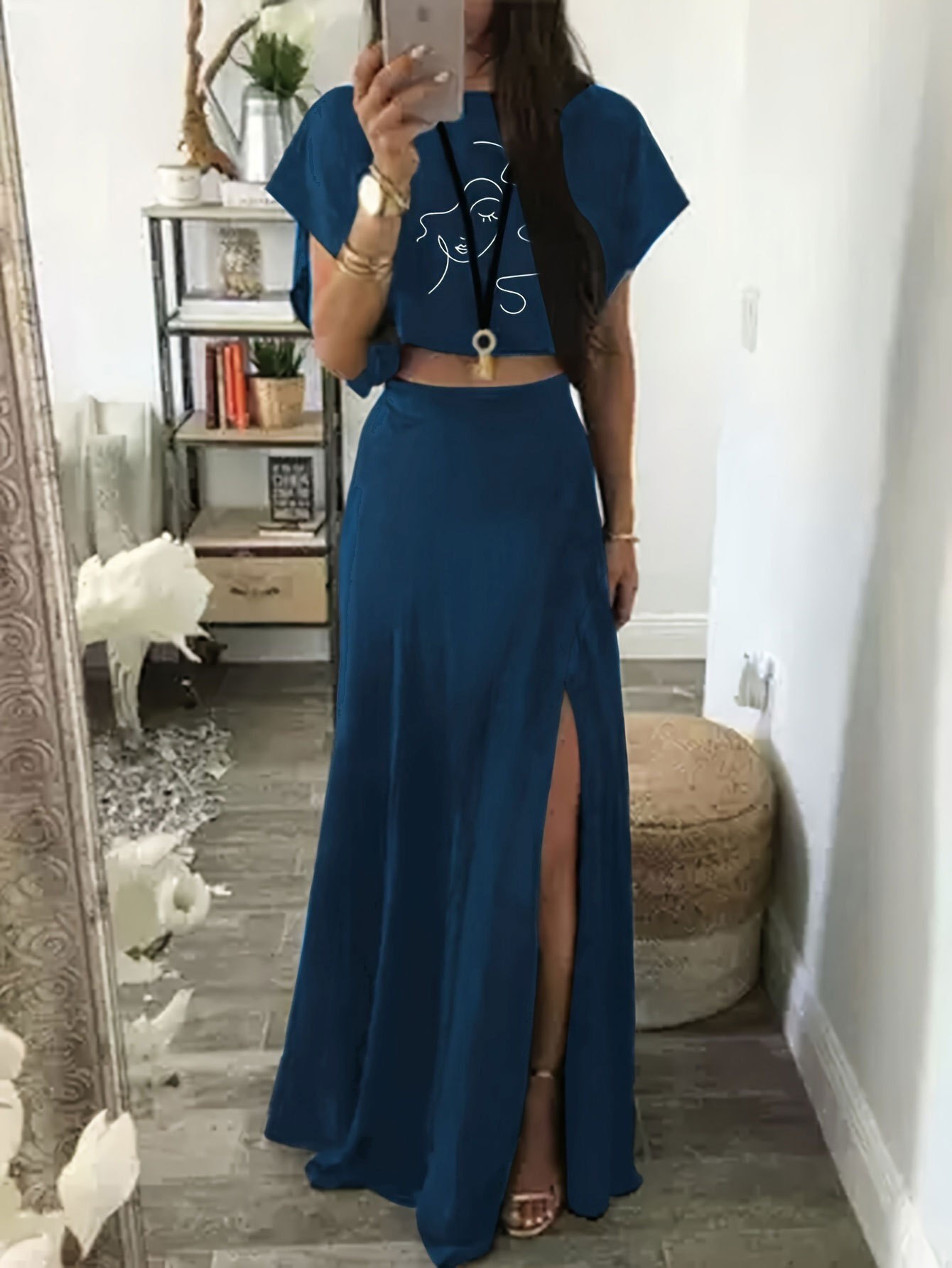 Women's Soft Casual Split Two-Piece Top and Midi Skirt Set