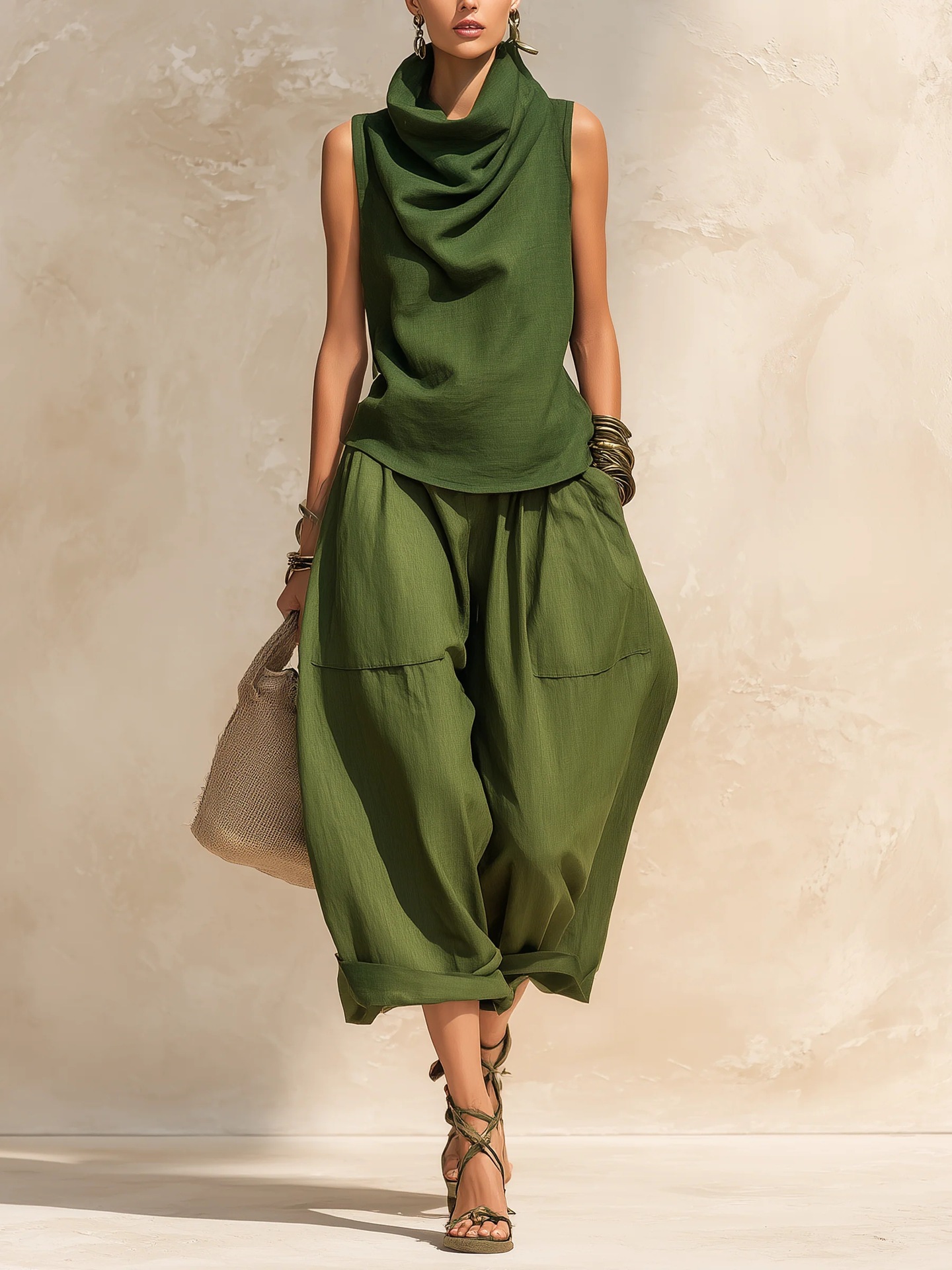 Women's Draped Neck Wide-Leg Pants Two-Piece Set