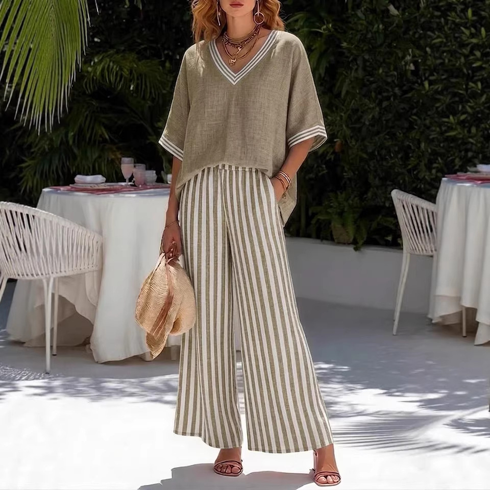 Women's Cotton-Linen Blend V-Neck Short-Sleeve Top and Striped Wide-Leg Pants Two-Piece Set