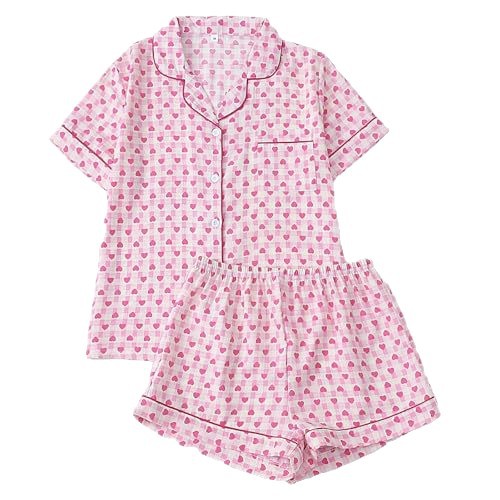 Women's Cuban Collar Polka Dot Heart Print Short Sleeve Shirt Set