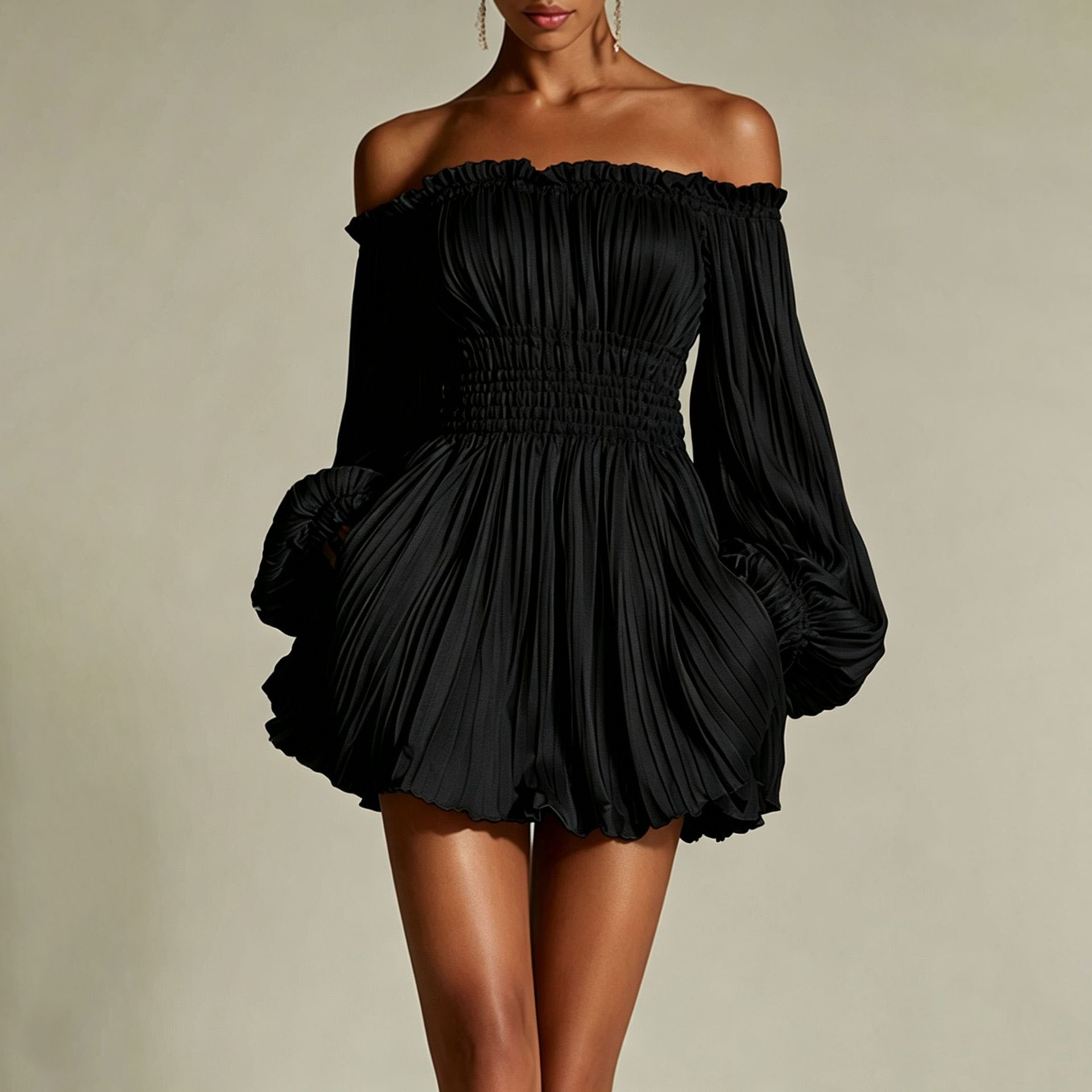 Off-Shoulder Ruched Long-Sleeve A-Line Dress