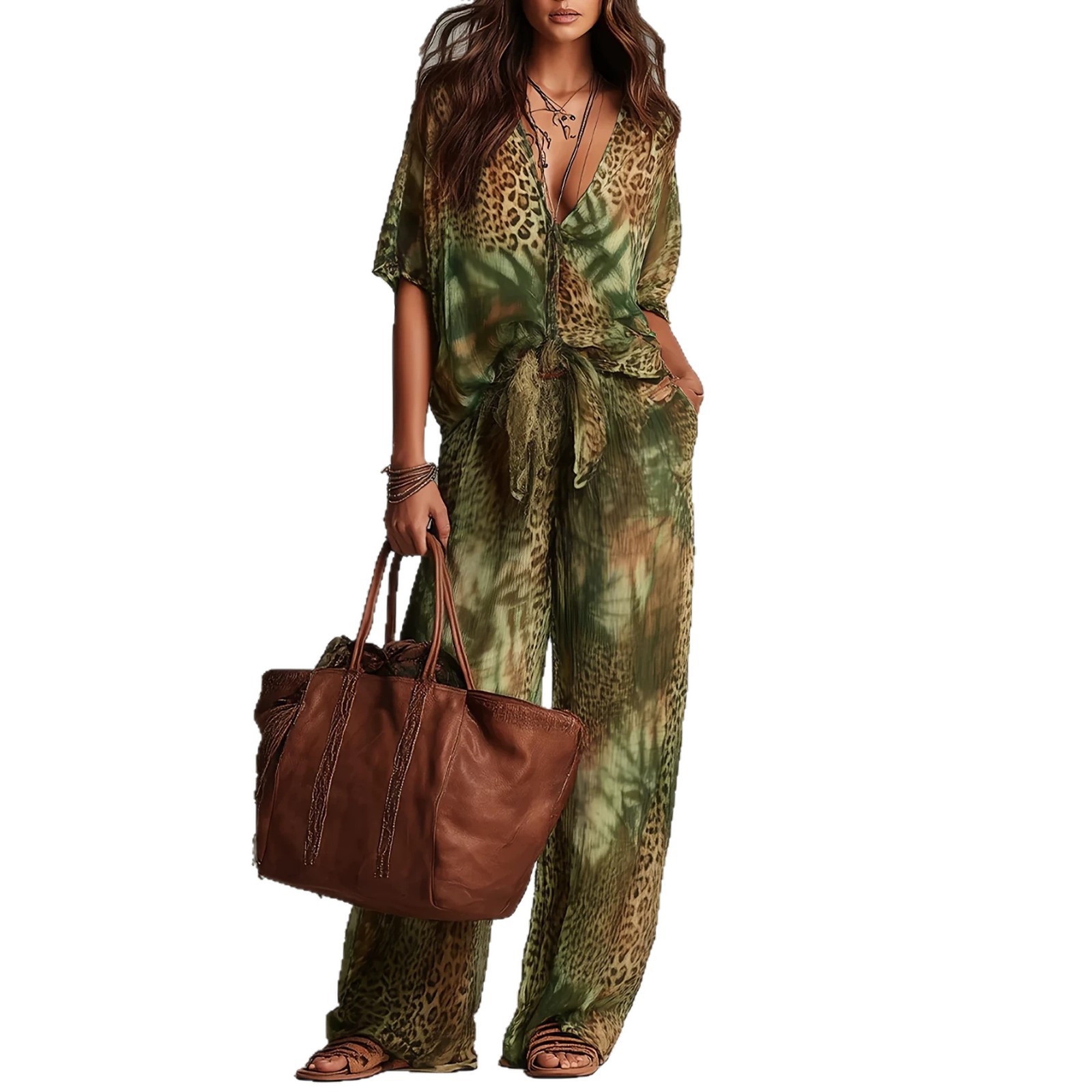 Women's Leopard Print Shirt and Wide-Leg Pants Set