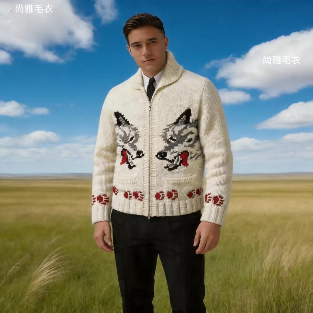 Retro Wolf Head Jacquard Zip Cardigan Chunky Knit Unisex