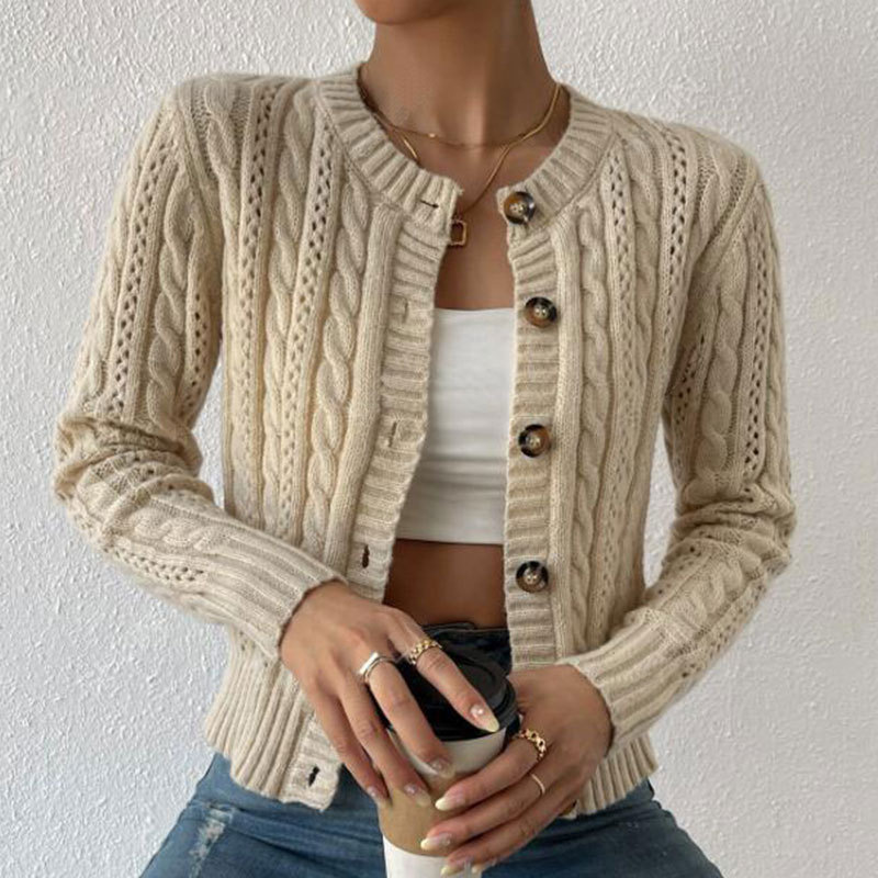 Women's Cable-Knit Button-Front Cardigan Sweater Long Sleeve Crew Neck