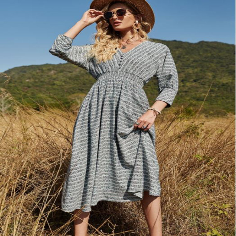 V-Neck Striped Midi Dress Casual High Waist
