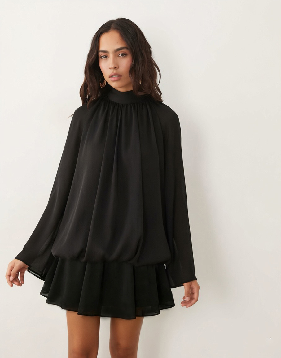 Women's High Neck Puff Hem Open Back Long Sleeve Dress
