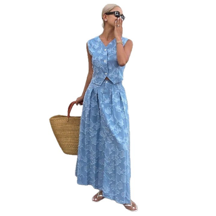 Women's Jacquard Vest and Long Skirt Set with Cinched Waist