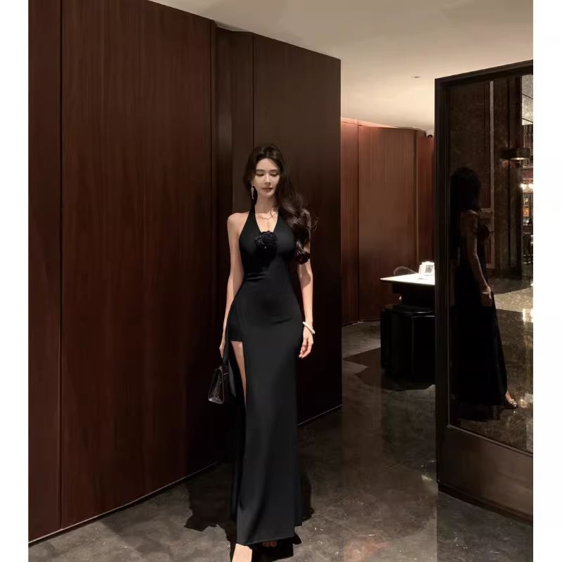 Removable Padded Rose Halter Open-Back Dress with Slit