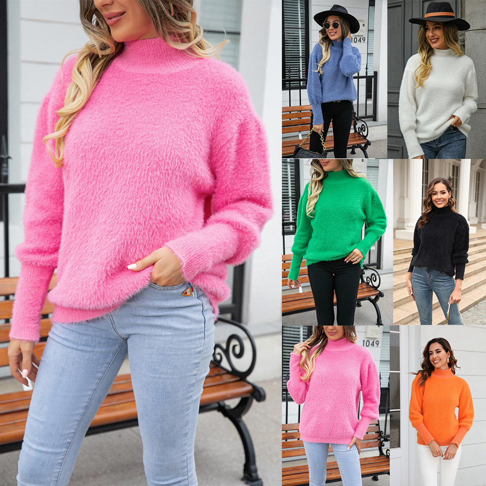 Women's Fuzzy Turtleneck Pullover Sweater Solid Knit